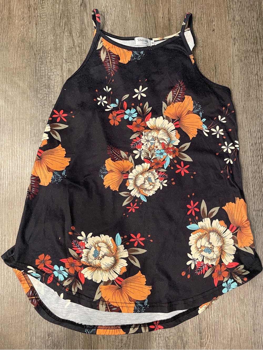 Floral Scoop Neck High Low Tank Top - Navy Blue with Orange, Cream & Red Flower